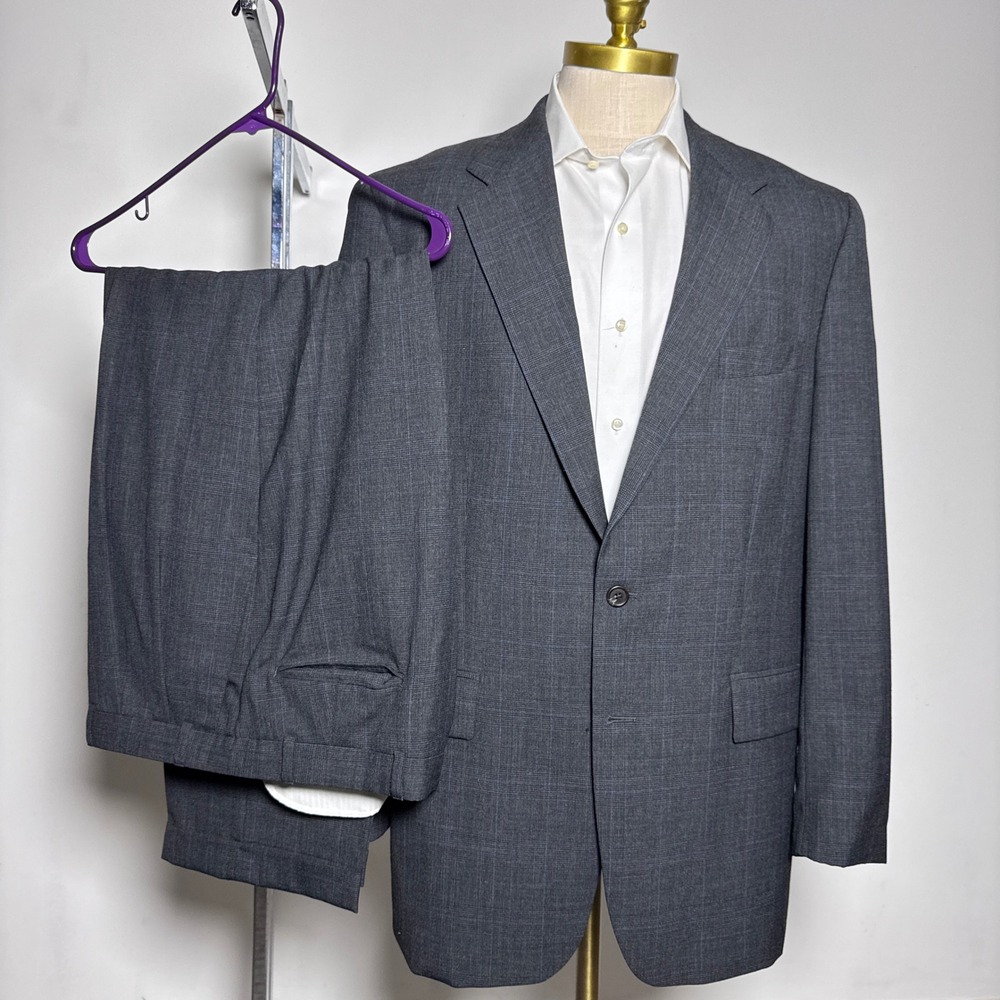 1980s Chaps Ralph Lauren Vintage‎ Suit Mens 44L 37x30 Grey Plaid Wool 2pc